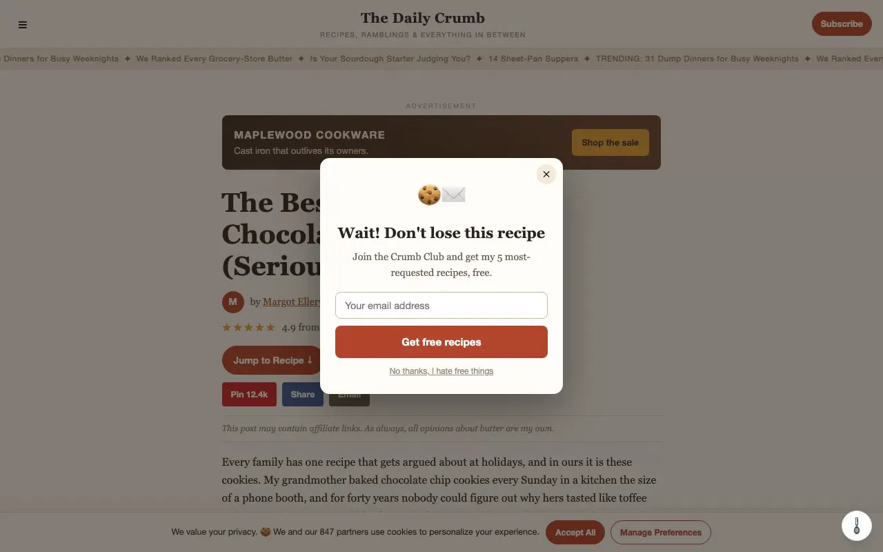A recipe blog page: ad banner, newsletter popup, cookie bar, and the story before the recipe