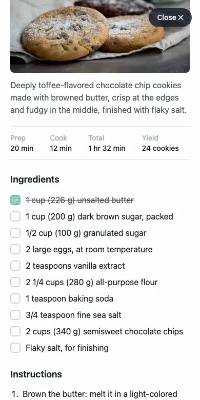 The reader on a phone, one ingredient crossed off