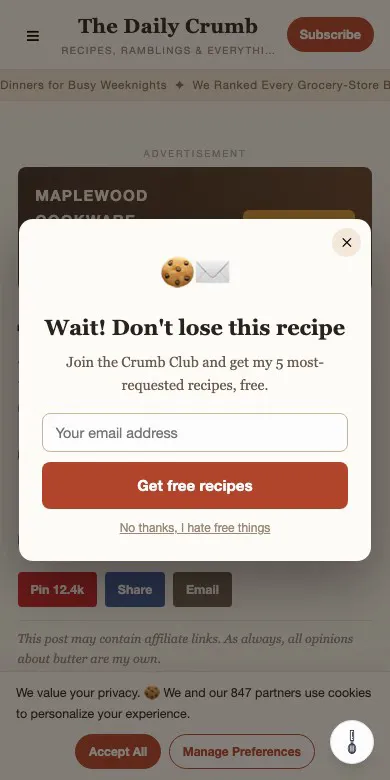 The recipe blog on a phone, with the newsletter popup covering the recipe