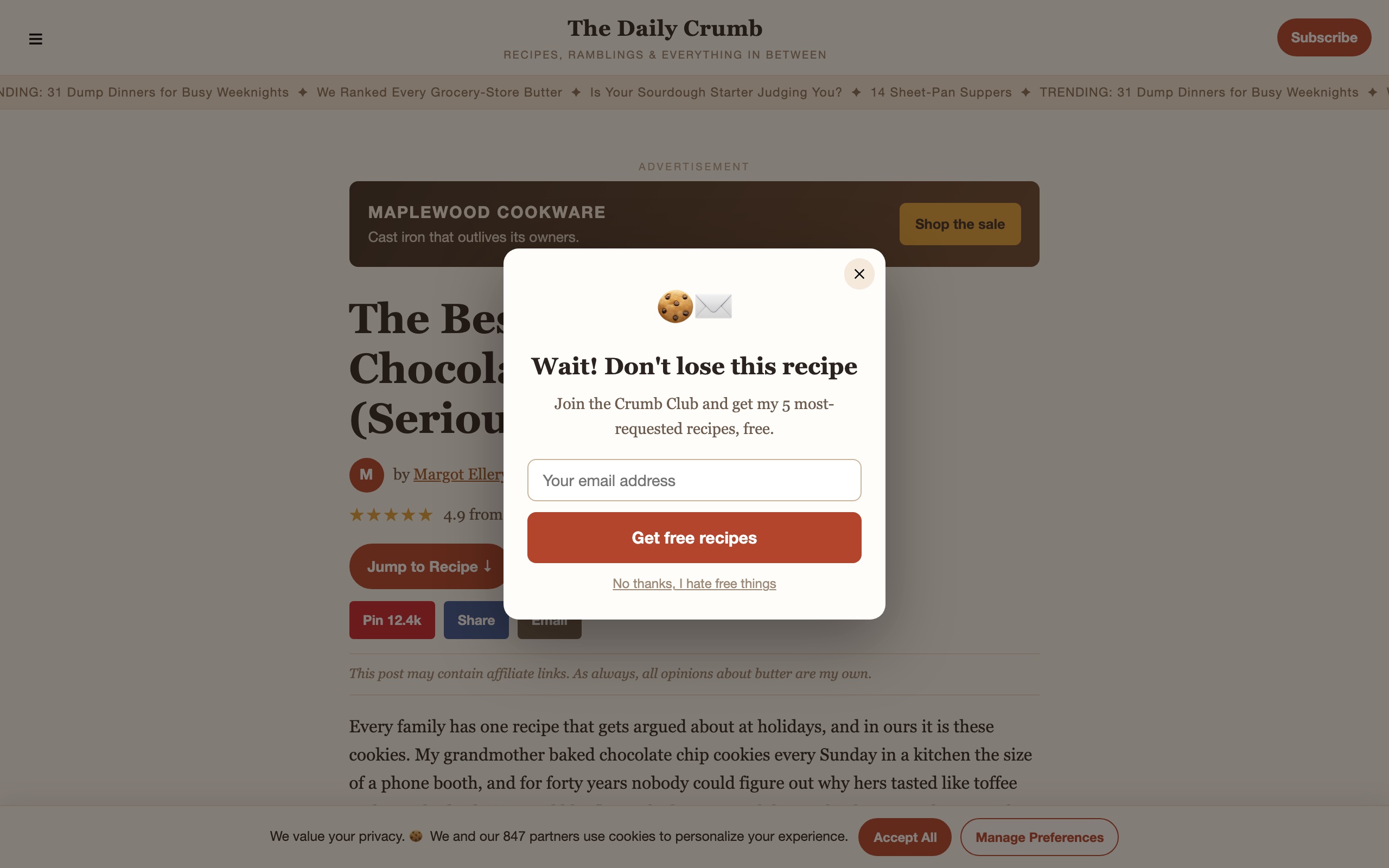 A cluttered recipe blog: ads, popups, and a buried recipe