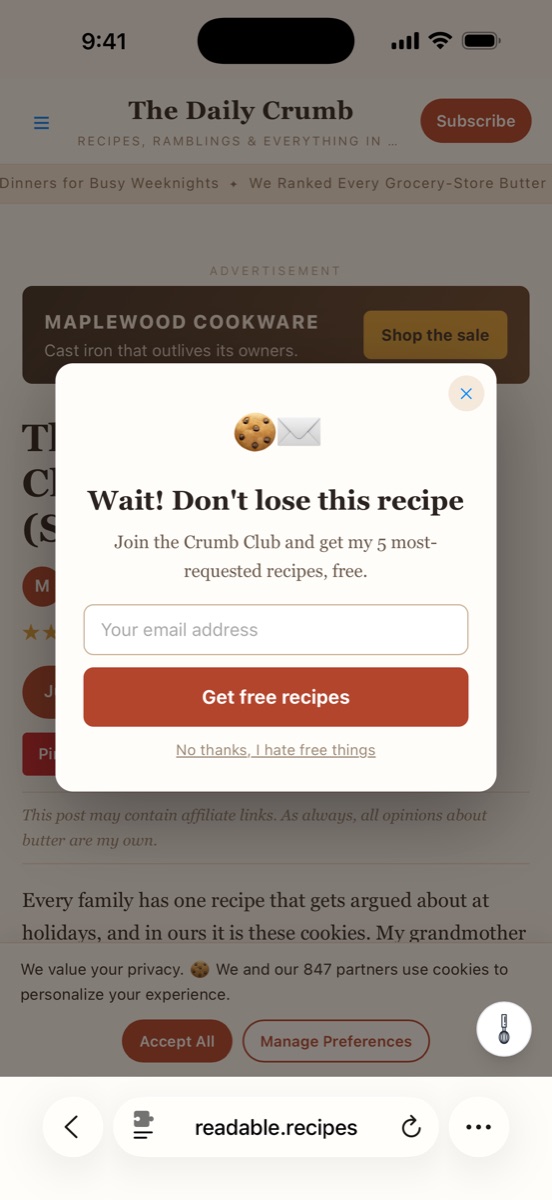 A recipe blog on iPhone buried under a newsletter popup and ads