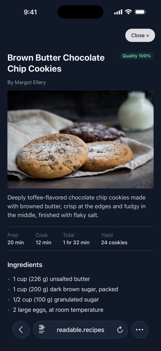 Reader view on iPhone in dark mode