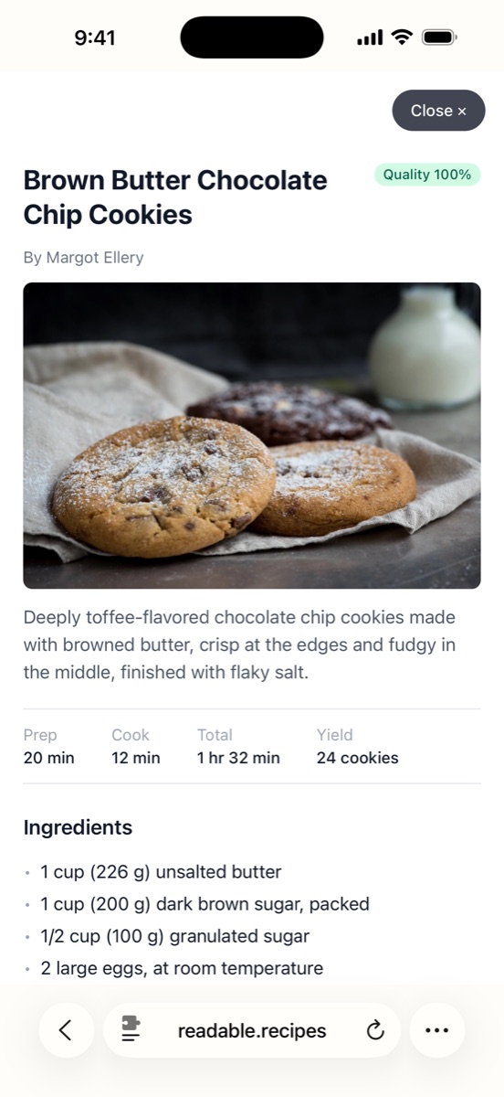 The same recipe in Readable Recipes on iPhone: one clean card with big type
